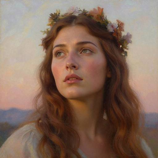 Digital painting of a young woman with wavy brown hair, green eyes, and a flower crown, gazing upward at a pink and blue sunset.