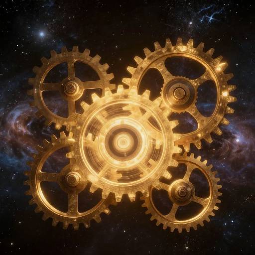 Digital artwork of glowing, golden gears floating in a starry, cosmic background. Bright central gear illuminates surrounding gears.