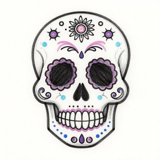 Digital drawing of a colorful sugar skull with purple flower-like eye sockets, pink and blue accents, and a flower on the forehead.