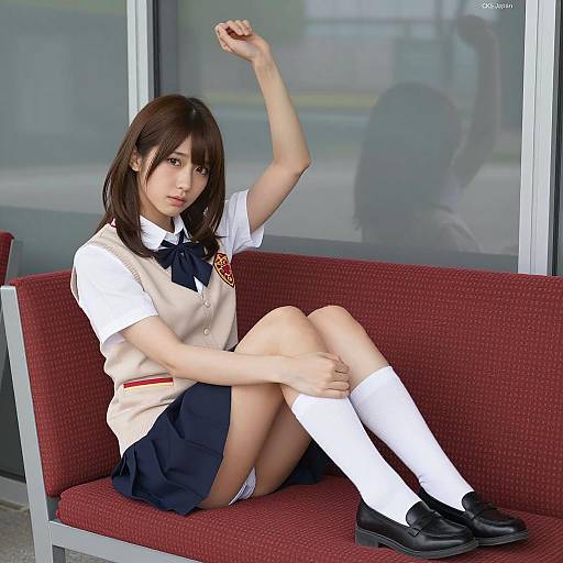 Asian Schoolgirl Sitting on Red Bench