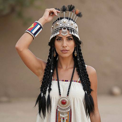 Photograph of a woman with long black braids, wearing an ornate Native American-style headdress, white top, and colorful bracelets, against a
