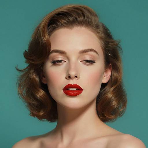 Photograph of a fair-skinned woman with red lipstick, wavy brown hair, and subtle makeup, against a teal background. Classic, glamorous style