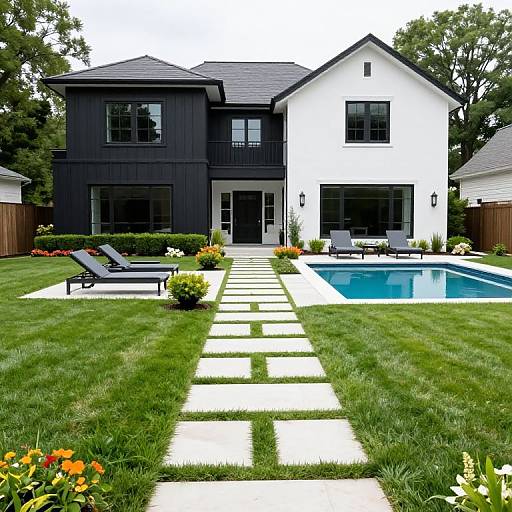 Photograph of a modern two-story house with black and white exterior, rectangular pool, lush green lawn, stone pathway, and two lounge chairs.