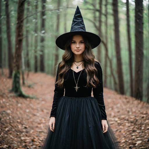 Young Woman in Witch Costume in Forest