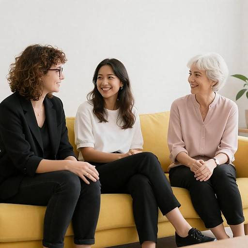 Three Women Chatting on Yellow Couch
