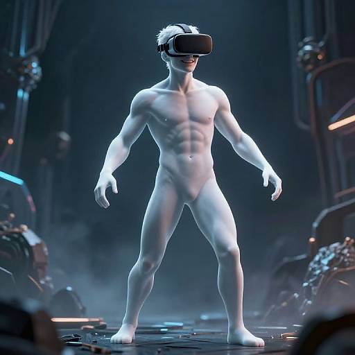 CGI image of a muscular, white-skinned, nude man with a VR headset, standing in a futuristic, dimly lit, metallic environment.