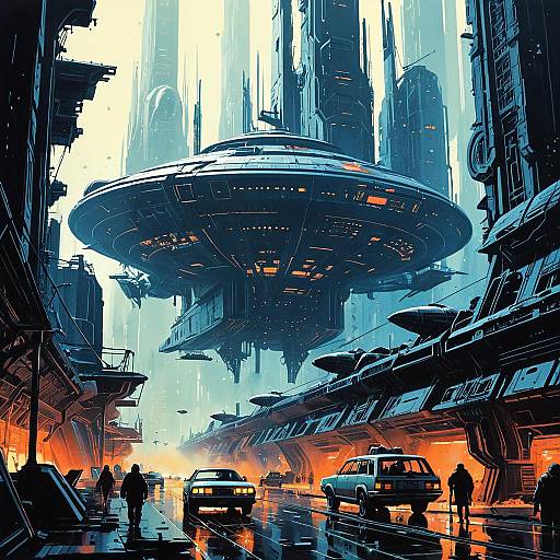 Futuristic Biomechanical City with Starships