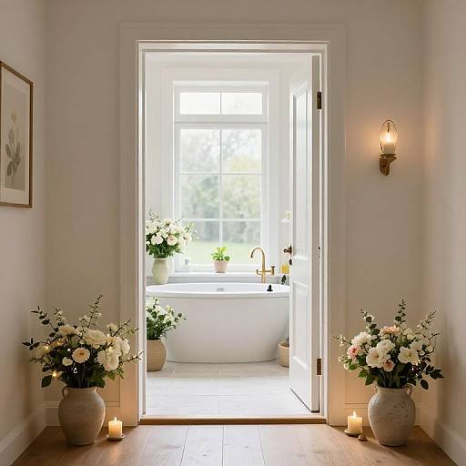 Photograph of a sunlit bathroom doorway, showcasing white bathtub, floral vases on either side, lit candles, and soft wall sconce.