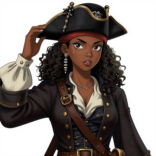 Digital illustration of a dark-skinned, curly-haired woman in a pirate outfit, adjusting her tricorn hat, wearing a red bandana, white shirt