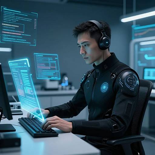 Photorealistic CGI of a focused, young man in a futuristic black suit, headset, and glowing blue cybernetic armor, typing on a holog