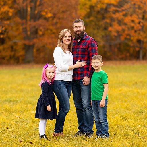Photograph of a bearded man, smiling woman, pink-haired girl, and green-shirt boy standing on a yellow grass field with autumn trees.
