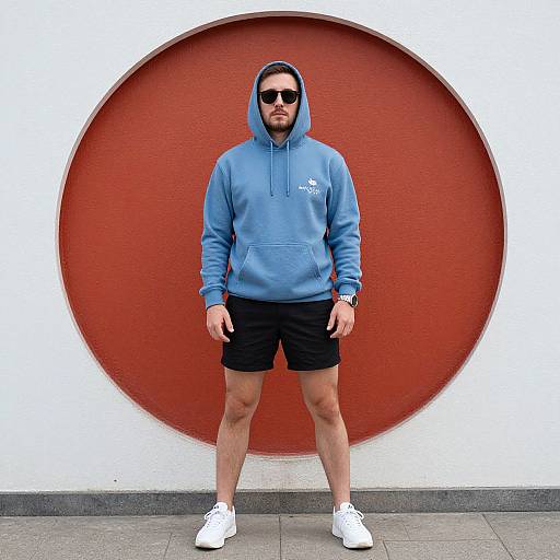 Photograph of a bearded man in a blue hoodie, black shorts, white sneakers, and sunglasses, standing in front of a large red circular wall