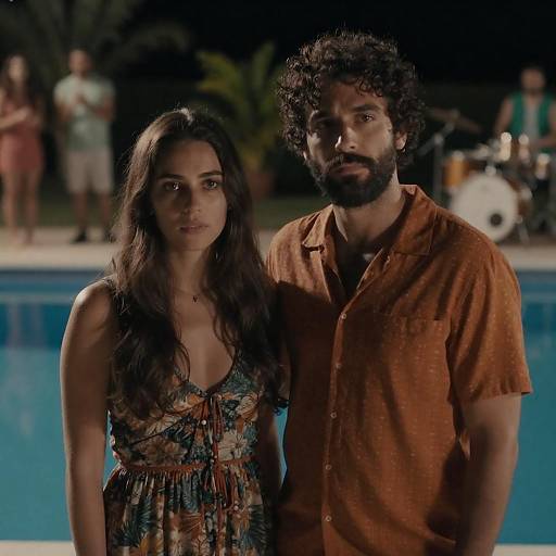 Couple Standing by Poolside at Night