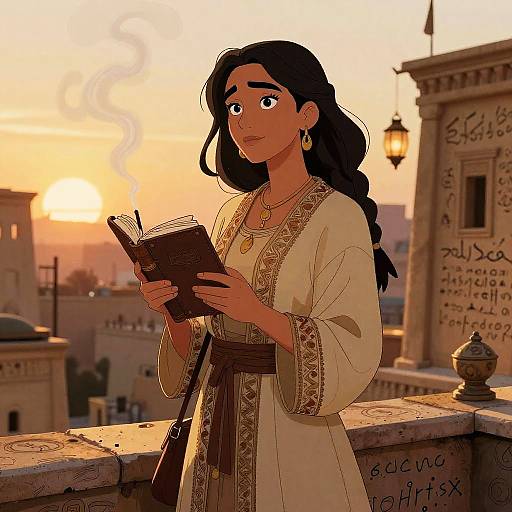 Digital illustration of a young woman with long black hair, wearing a traditional beige robe with gold trim, reading a book on a sunlit rooftop with Middle