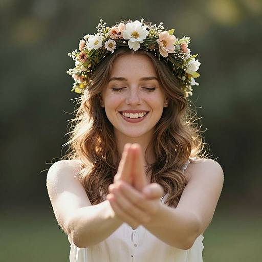 Photograph of a smiling young woman with wavy brown hair, wearing a floral crown and white sleeveless dress, clapping her hands outdoors.