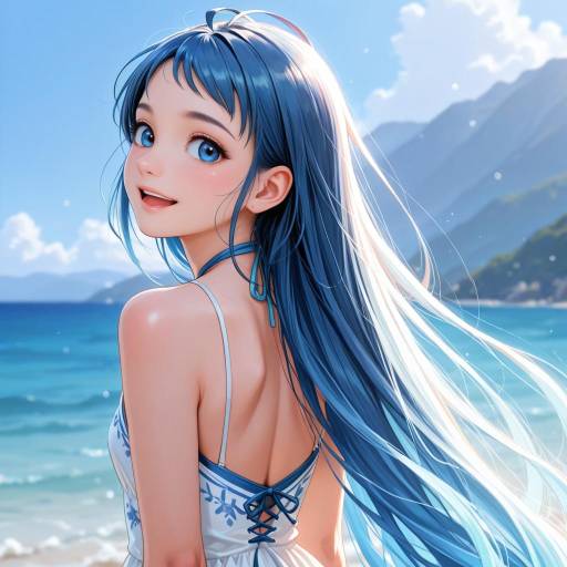 Anime Girl with Blue Hair at Beach
