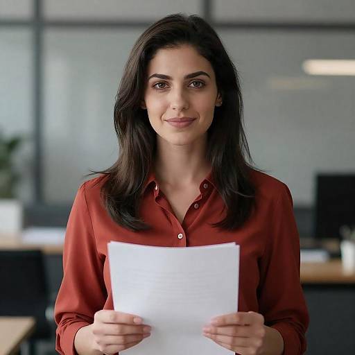 Woman in Red Shirt Holding Paper