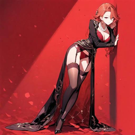 Anime Woman in Red Lingerie and Stockings