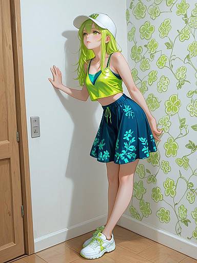 Young Woman in Neon Lime Green Crop Top and Blue Floral Skirt