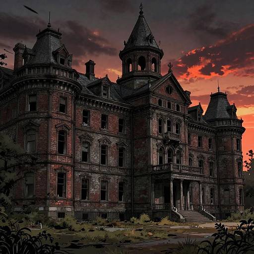Digital painting of a dark, ominous, Victorian-style mansion with pointed towers, red bricks, and broken windows, set against a dramatic, fiery sunset sky
