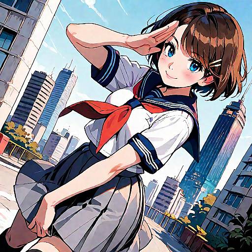 Anime-style digital illustration of a cute, blue-eyed girl in a Japanese school uniform saluting, set against a bright, urban cityscape.