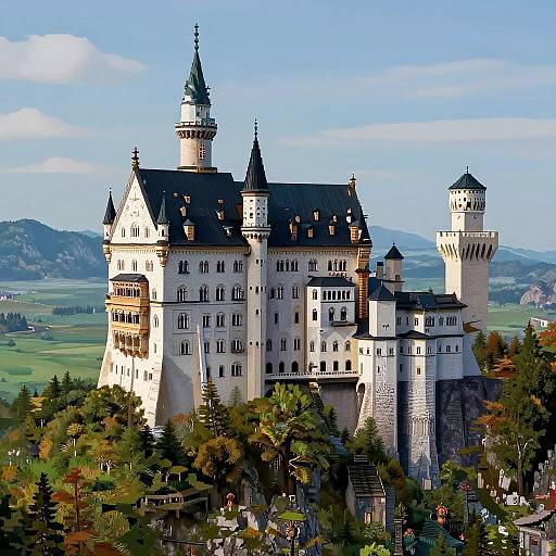 Photograph of a grand, fairy-tale castle with multiple towers and turrets, set amidst lush greenery and rolling hills under a clear blue sky