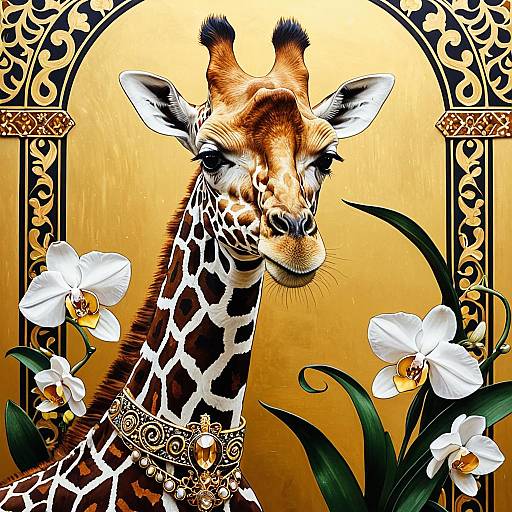 Elegant Giraffe Portrait with Orchids and Gold Ornate Patterns