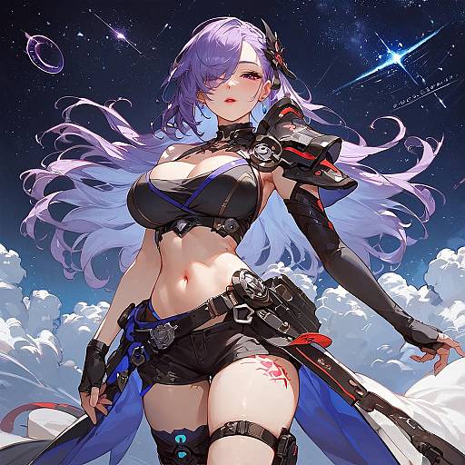 Digital anime-style artwork of a purple-haired, blue-eyed, busty woman with tattoos, wearing black futuristic armor, holding a sword, against a starry