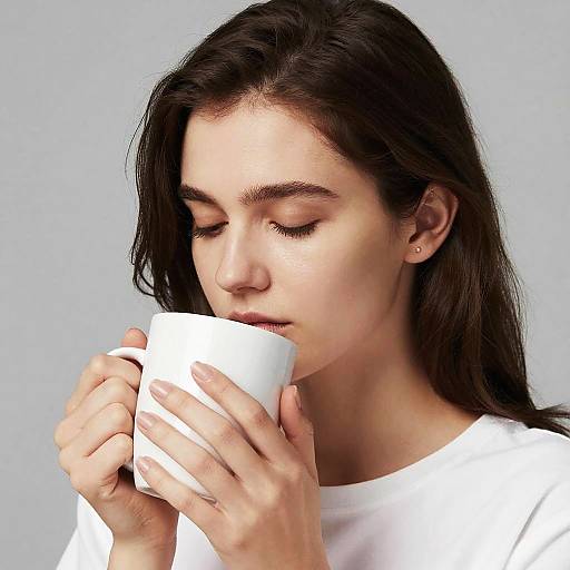 Photograph of a young woman with long dark hair, wearing a white shirt, gently sipping from a white cup against a light gray background.