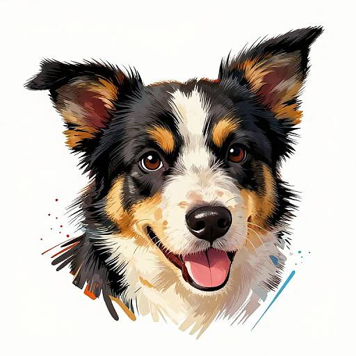 Digital drawing of a happy, black, white, and brown Border Collie with expressive eyes and tongue out, against a white background.