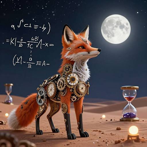 Steampunk Clockwork Fox Under Starry Sky