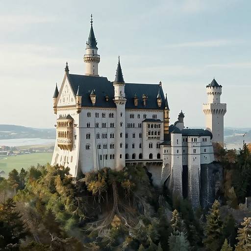Photograph of Neuschwanstein Castle, a fairy-tale-like, white stone Bavarian castle with multiple towers, set amidst lush green forest and