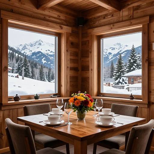 Photograph of a rustic wooden cabin dining room with a snowy mountain view through two large windows, featuring a wooden table with floral centerpiece, white china,