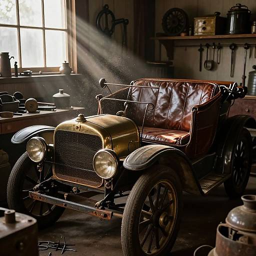 Vintage photograph of a classic brass and brown leather antique car in a dimly lit, sunlit workshop with tools and containers.