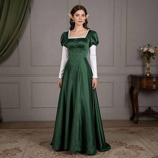 Photograph of a fair-skinned woman with pointed elf ears, wearing a dark green, long-sleeved medieval gown with white sleeves, standing in