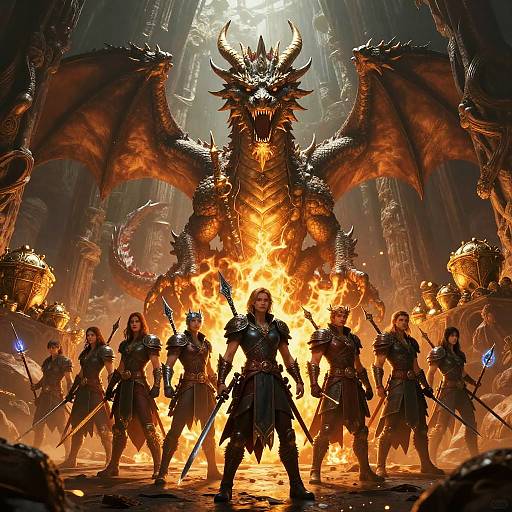 Digital artwork of armored warriors standing before a massive, roaring dragon with fiery wings, in a dark, fiery cathedral.