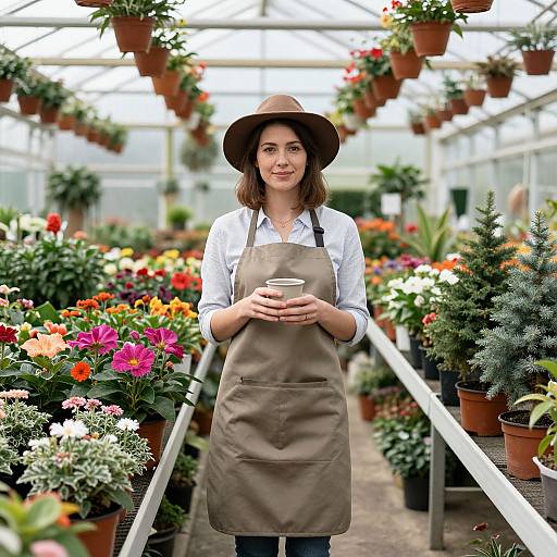 Smiling Woman in Greenhouse with Plants
