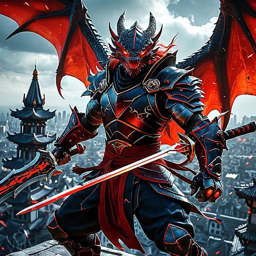 Digital artwork of a fierce, armored demon warrior with glowing red eyes, black scales, and red wings, holding a red sword, standing on a city
