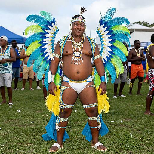 Photograph of a muscular, dark-skinned man in colorful feathered headdress and bikini, adorned with jewelry, standing outdoors on grass.