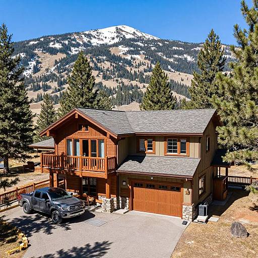 Photograph of a rustic wooden mountain cabin with a gray roof, garage, black SUV, pine trees, and snow-capped mountains in the background.