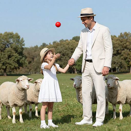 Photograph of a man in a white suit and hat, holding hands with a girl in a white dress, tossing a red ball to her, surrounded