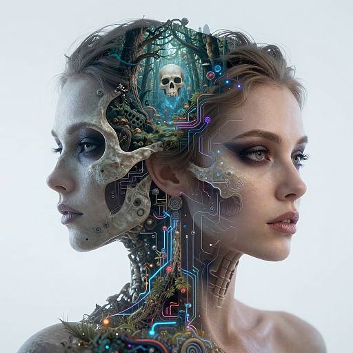 Digital artwork of a pale, blonde woman with cybernetic enhancements, skull embedded in head, glowing circuitry, and mechanical parts, against white background