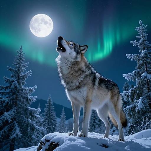 Mystical Wolf Howling Under Aurora