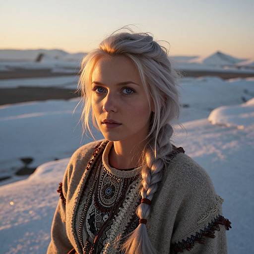 Photograph of a young white woman with long braided silver hair, wearing a detailed, patterned, beige sweater, standing in a snowy landscape at