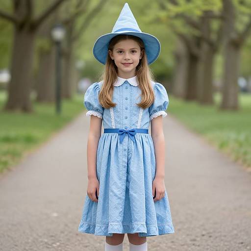 Photograph of a young girl with long blonde hair, wearing a blue witch hat and dress, standing on a tree-lined path.