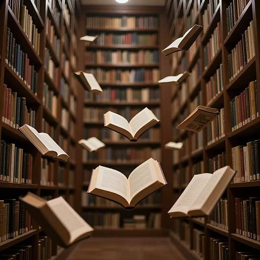 Photograph of a dimly lit library aisle with floating open books, surrounded by tall wooden bookshelves filled with colorful books.