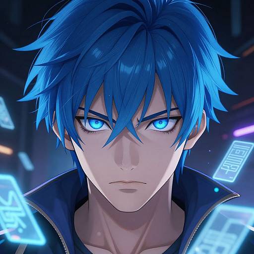 Close-up of Blue-Haired Anime Man with Holographic Symbols