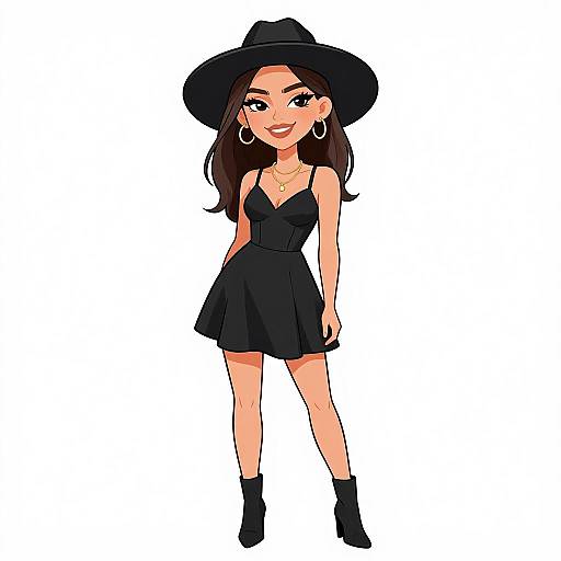 Cartoon-style illustration of a confident woman with long brown hair, wearing a black wide-brimmed hat, black dress, hoop earrings, and black