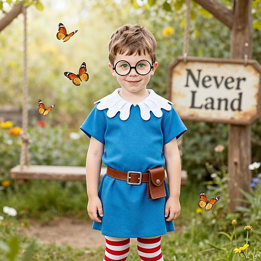 Photograph of a young boy in a blue dress with white collar, brown belt, red-and-white striped socks, and round glasses, surrounded by butterflies