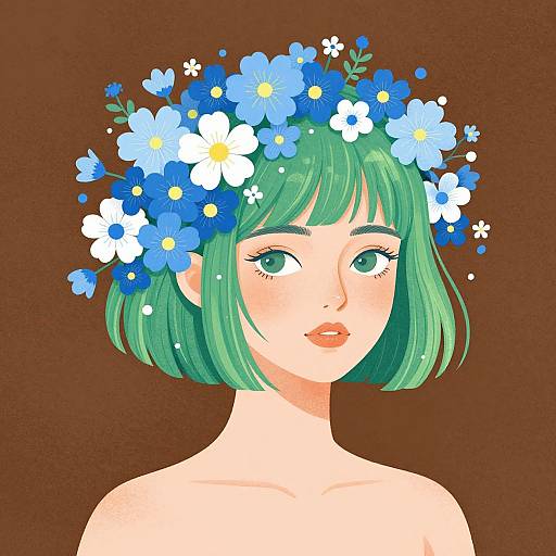 Digital anime-style portrait of a green-haired woman with blue and white flower crown, large green eyes, and pink lips, against a brown background.